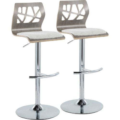 Folia Adjustable Swivel Bar Stool in Chrome, Light Grey Wood & Light Grey Fabric (Set of 2)